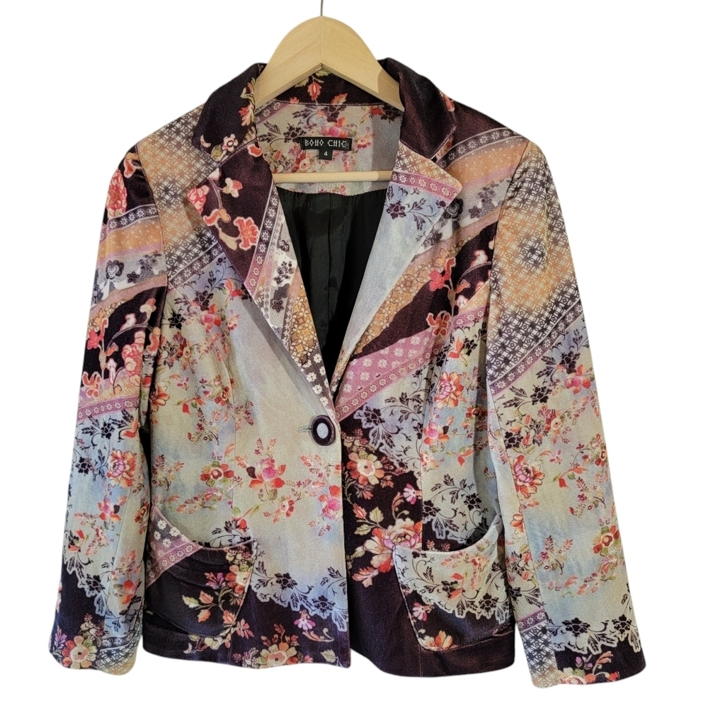 BOHO CHIC Womens Jacket Blazer Colorful Floral Patchwork Bohemian L Cottagecore